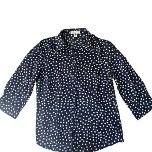 Coldwater Creek Women’s Blouse M (10–12)Navy White Polka Dot No Iron 100% Cotton